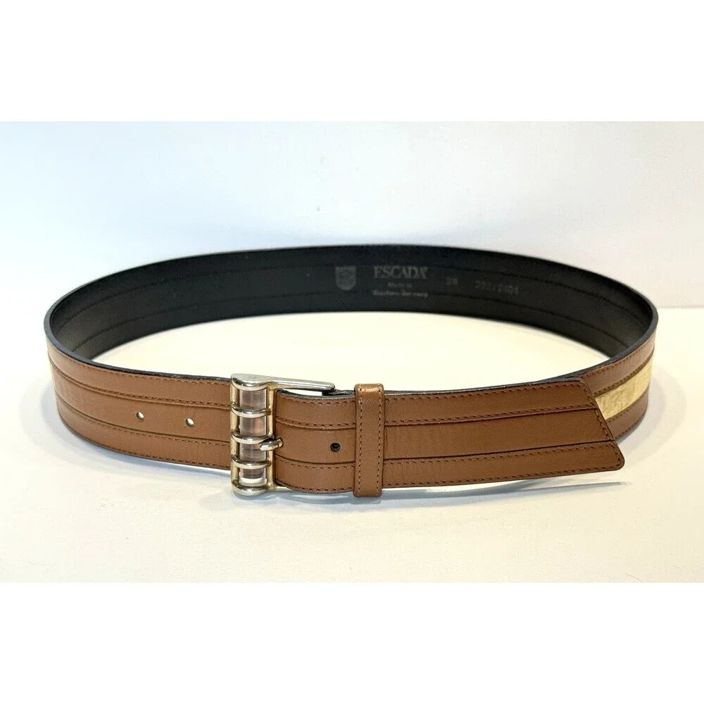 Escada Vintage Retro Leather Wide Belt Gold Brown Buckle Made in Germany 38 - Picture 1 of 14